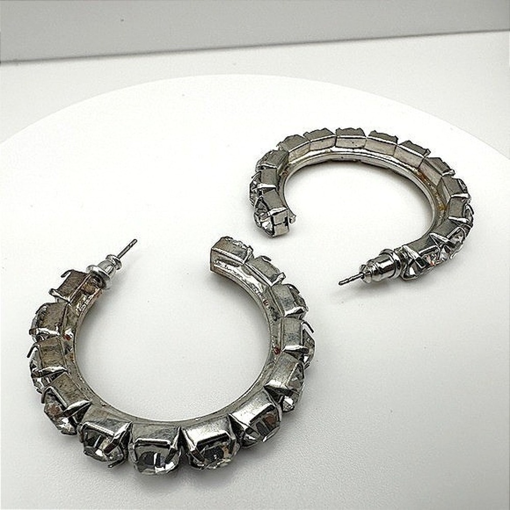 Vintage 90s Silver Tone Clear Glass Rhinestone Hoop Earrings Fashion Jewelry Y2K